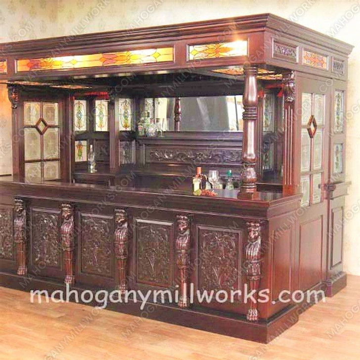10ft Mahogany Lion Carved Canopy Pub Bar w/ Stained Glass