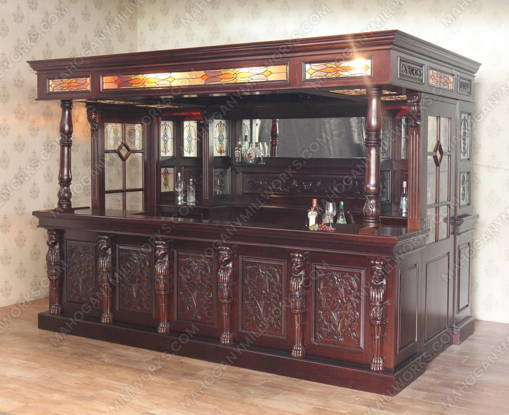10ft Mahogany Lion Carved Canopy Pub Bar w/ Stained Glass