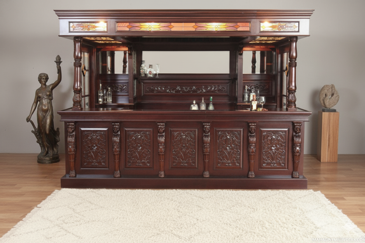 10ft Mahogany Lion Carved Canopy Pub Bar w/ Stained Glass