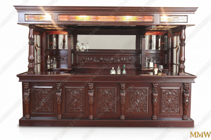 10ft Lion Carved Canopy Pub Bar w/ Stained Glass