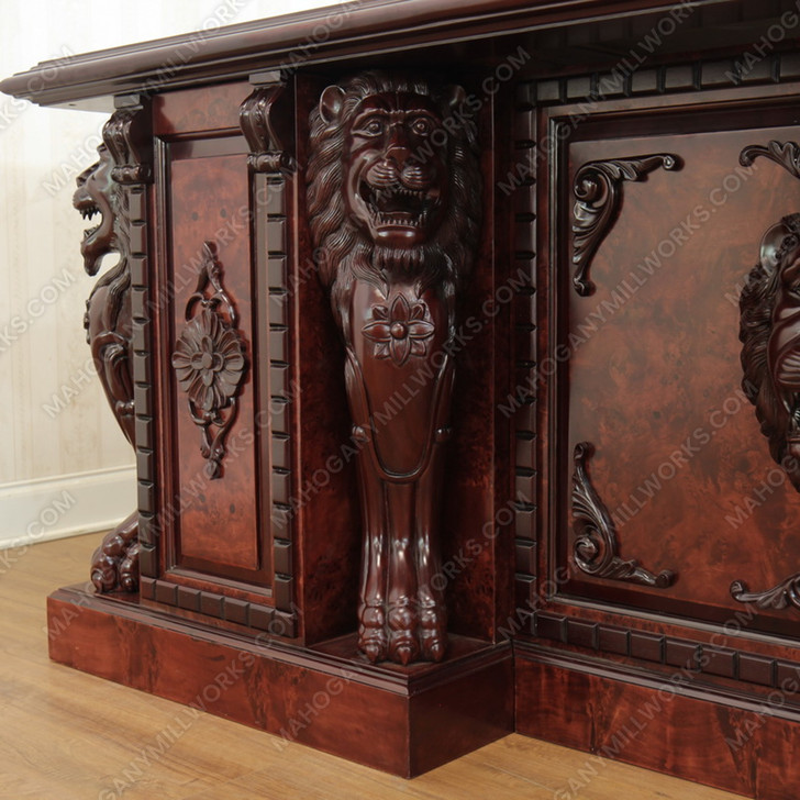 7ft Burl Inlay Neoclassical Empire Revival Lion Carved Executive Desk