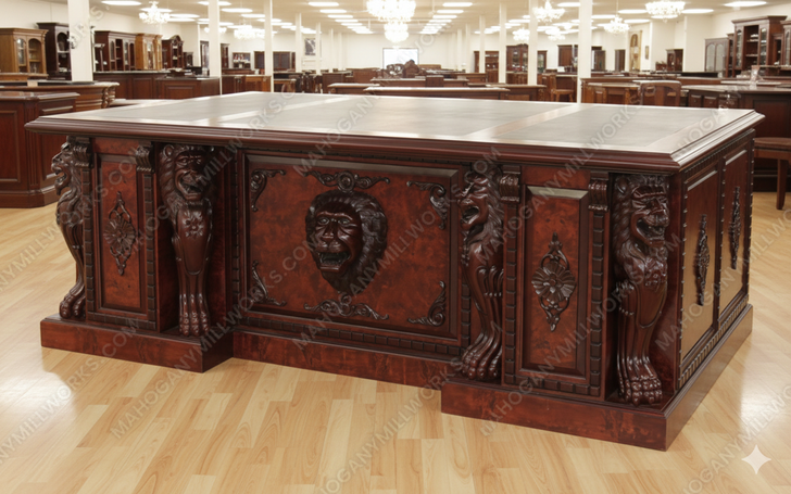 7ft Burl Inlay Gothic Lion Desk