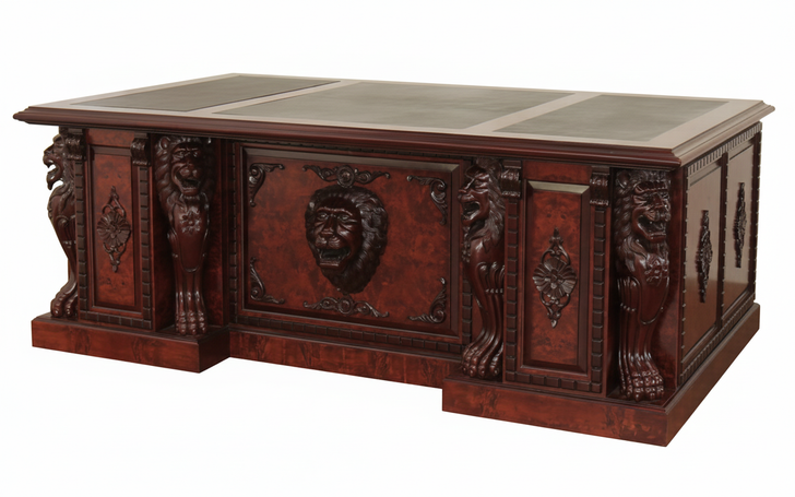 7ft Burl Inlay Gothic Lion Desk