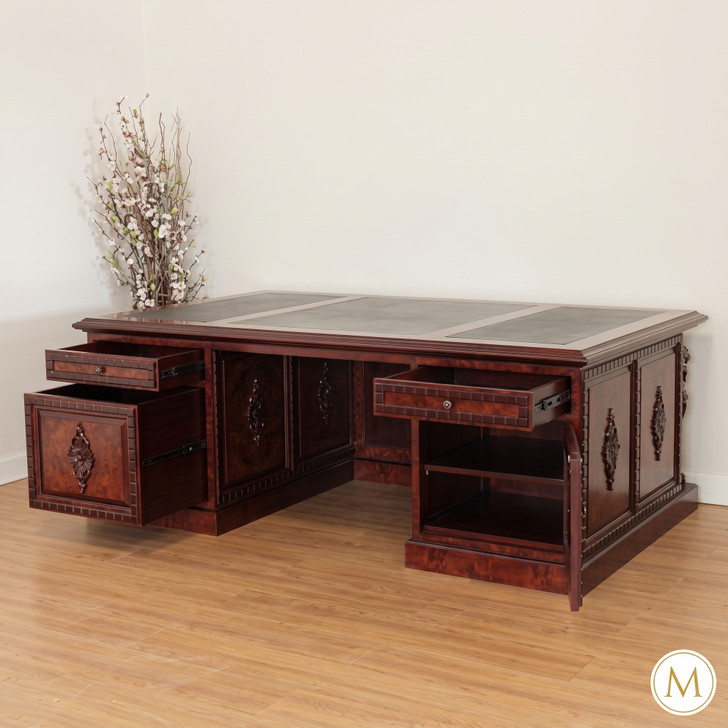 7ft Burl Inlay Neoclassical Empire Revival Lion Carved Executive Desk