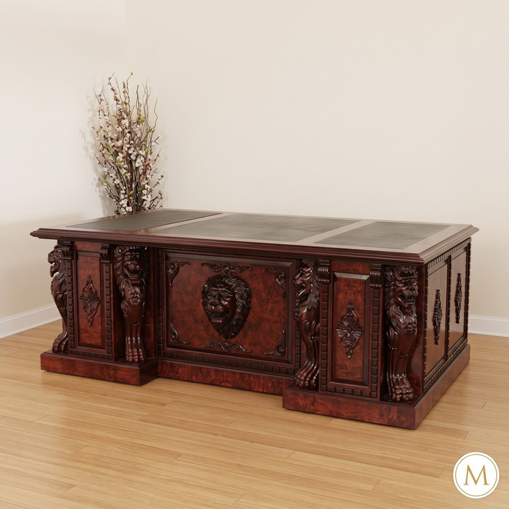 7ft Burl Inlay Neoclassical Empire Revival Lion Carved Executive Desk