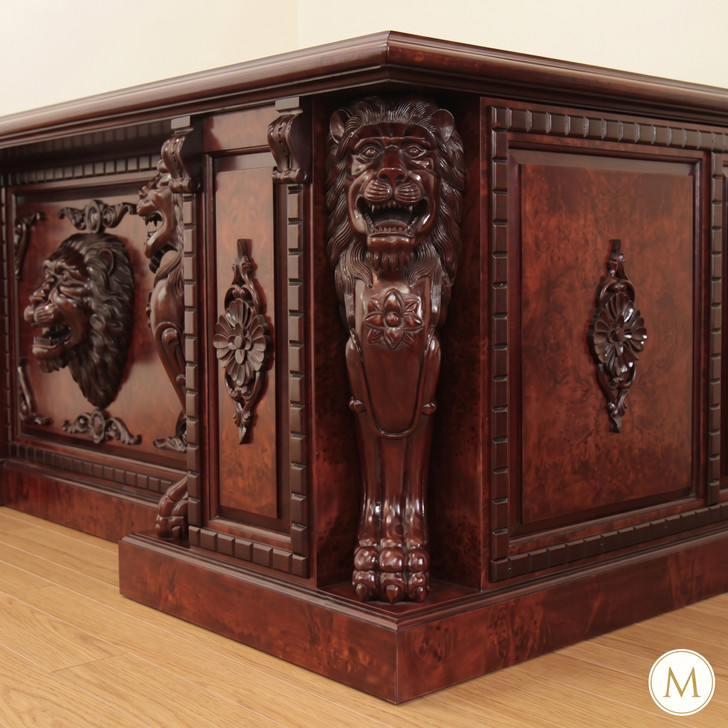 7ft Burl Inlay Neoclassical Empire Revival Lion Carved Executive Desk