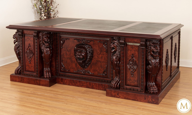 7ft Burl Inlay Neoclassical Empire Revival Lion Carved Executive Desk