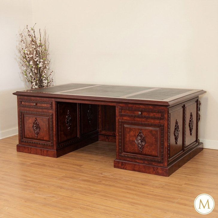 7ft Burl Inlay Neoclassical Empire Revival Lion Carved Executive Desk