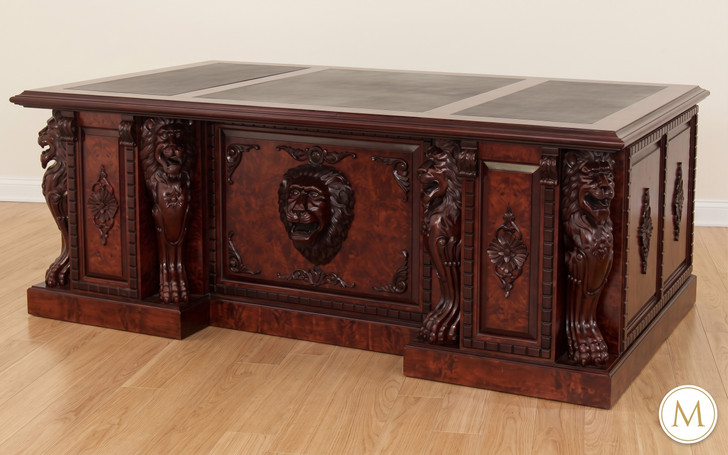 7ft Burl Inlay Neoclassical Empire Revival Lion Carved Executive Desk