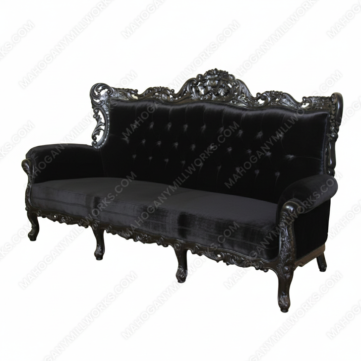 Black Rococo 3 Seater Tufted Sofa Couch