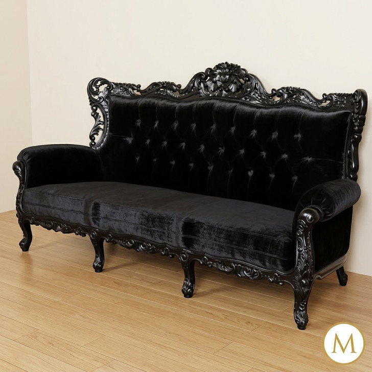 Black Rococo 3 Seater Tufted Sofa Couch