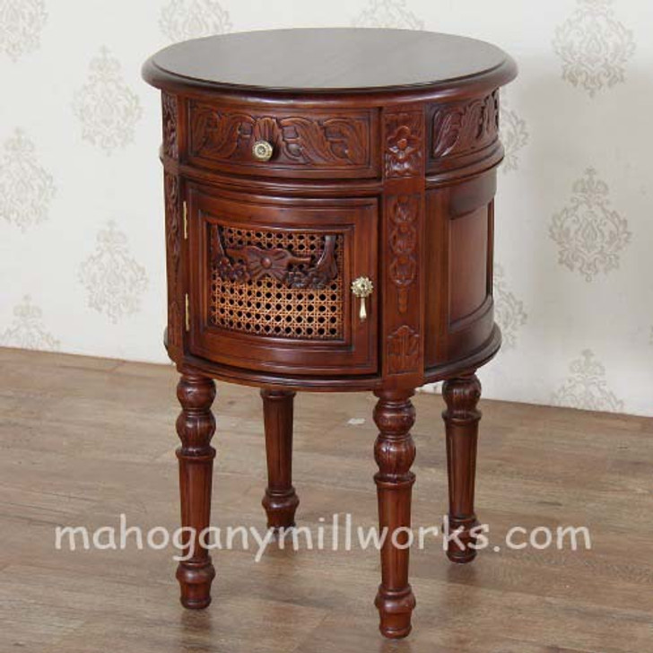 Mahogany & Rattan Round Louis Nightstand Bedside Table