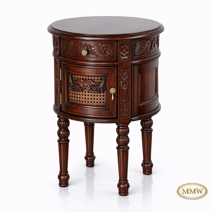Mahogany & Rattan Round Louis Nightstand Bedside Table