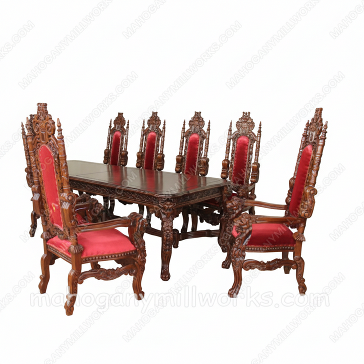 11pc Solid Mahogany Carved King Lion Throne Dining Set w/ 10 Chairs