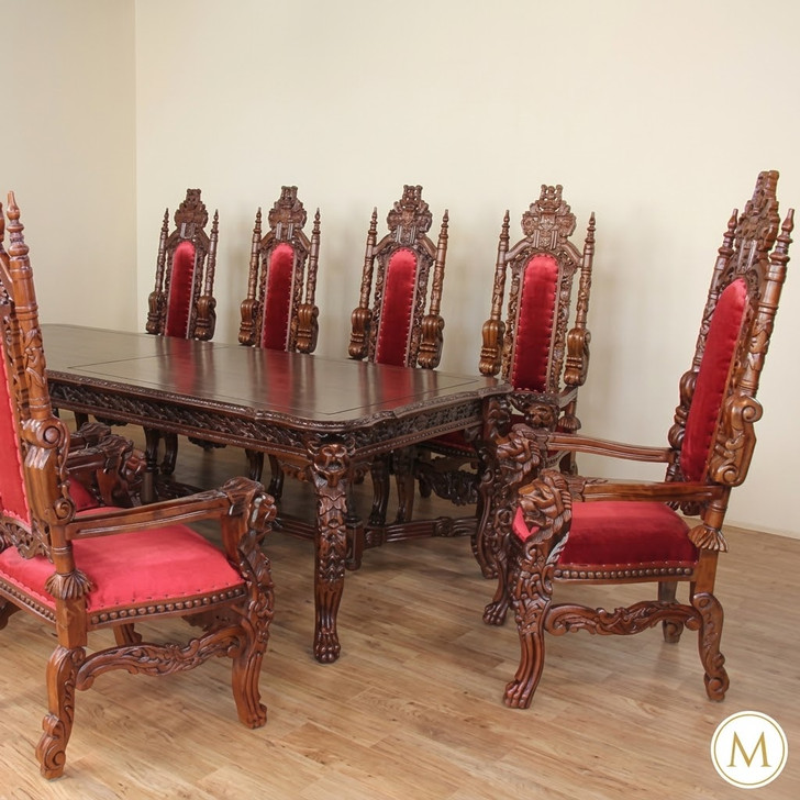 11pc Solid Mahogany Carved King Lion Throne Dining Set w/ 10 Chairs
