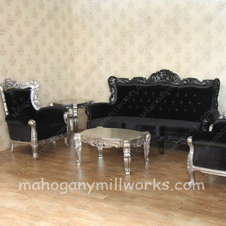 5pc Gothic Black Velvet & Silver Living Room Set