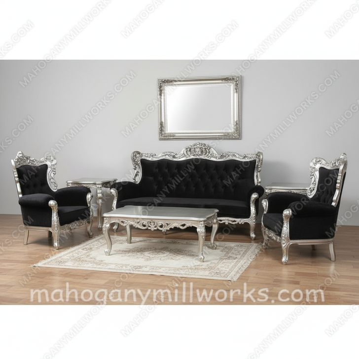 5pc Gothic Black Velvet & Silver Living Room Set