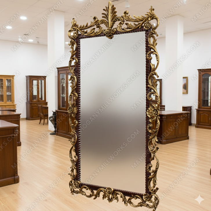 Large Mahogany Ornate Rococo Mirror (H 84” x W 45”)
