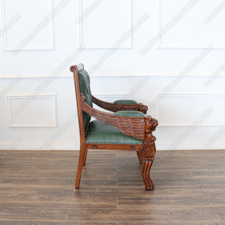 Mahogany Carved Occasional Lion Chair w/ Genuine Leather