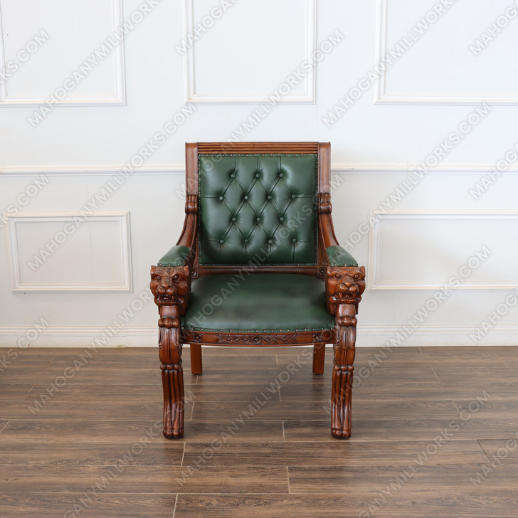 Mahogany Carved Occasional Lion Chair w/ Genuine Leather