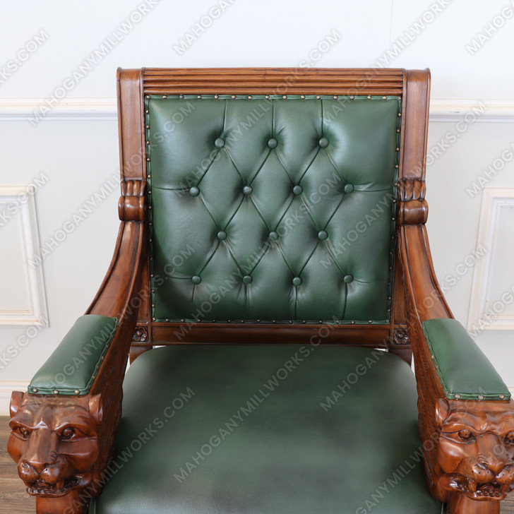 Mahogany Carved Occasional Lion Chair w/ Genuine Leather
