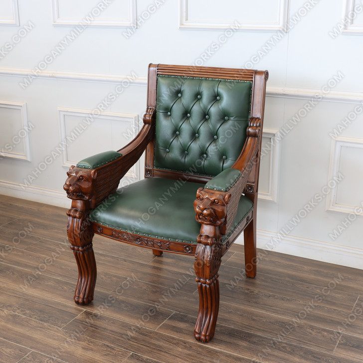 Mahogany Carved Occasional Lion Chair w/ Genuine Leather