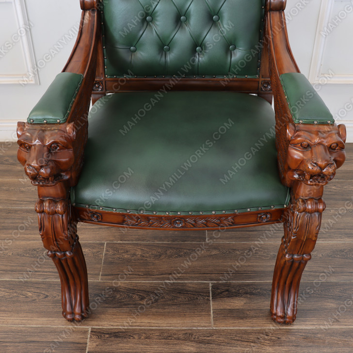 Mahogany Carved Occasional Lion Chair w/ Genuine Leather