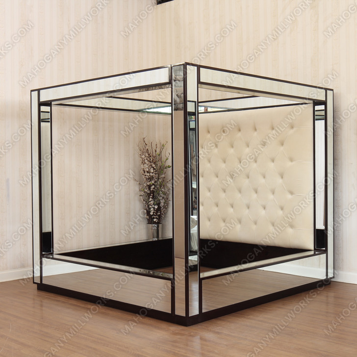 Mirrored 4-Post Canopy Mansion Bed w/ cream velvet button tufted headboard (E. King)