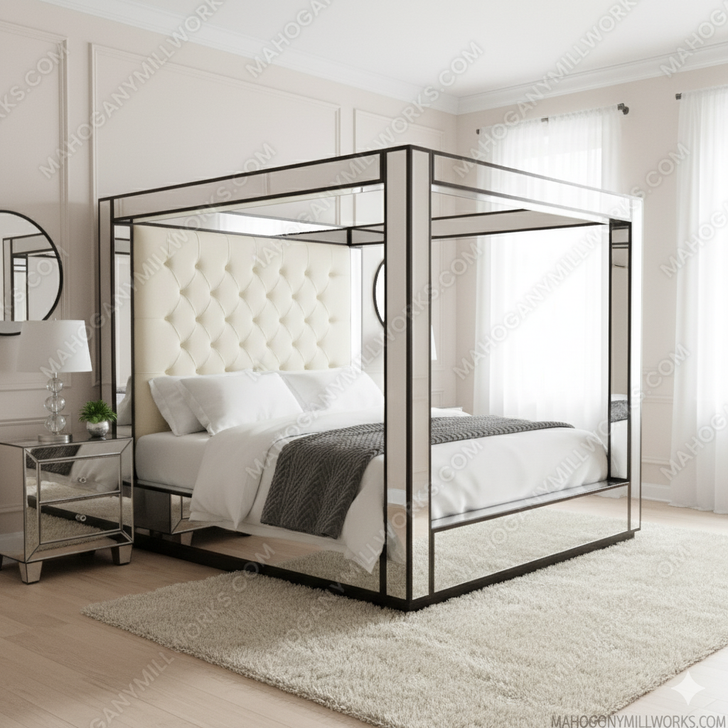 Mirrored 4-Post Canopy Mansion Bed w/ cream velvet button tufted headboard (E. King)