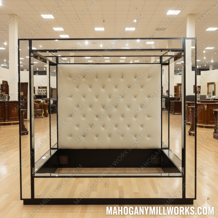Mirrored 4-Post Canopy Mansion Bed w/ cream velvet button tufted headboard (E. King)