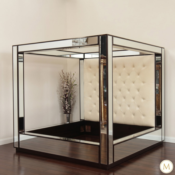 Mirrored Four Poster Canopy Bed w/ Cream Button Tufted Headboard