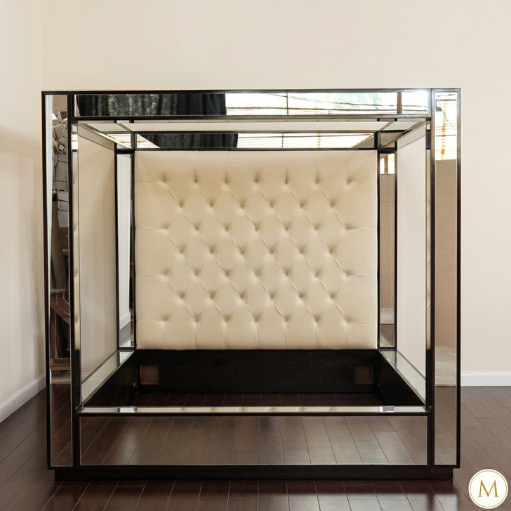 Mirrored Four Poster Canopy Bed w/ Cream Button Tufted Headboard