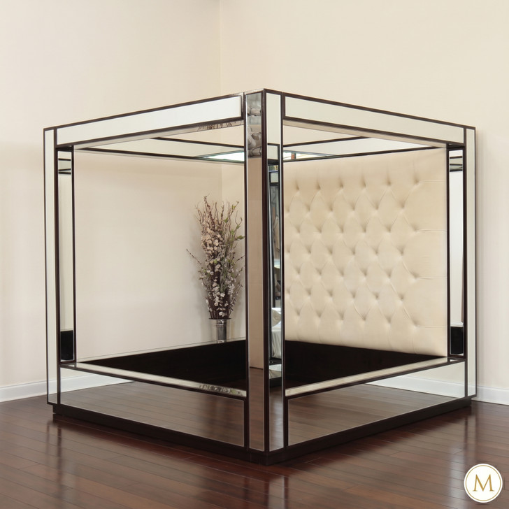Mirrored Four Poster Canopy Bed w/ Cream Button Tufted Headboard