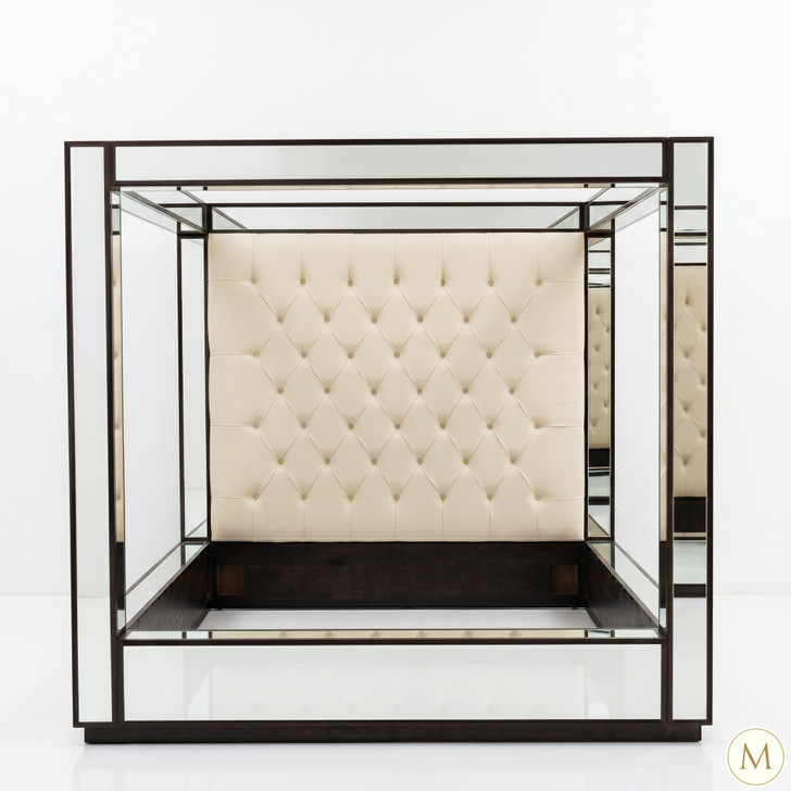 Mirrored Four Poster Canopy Bed w/ Cream Button Tufted Headboard