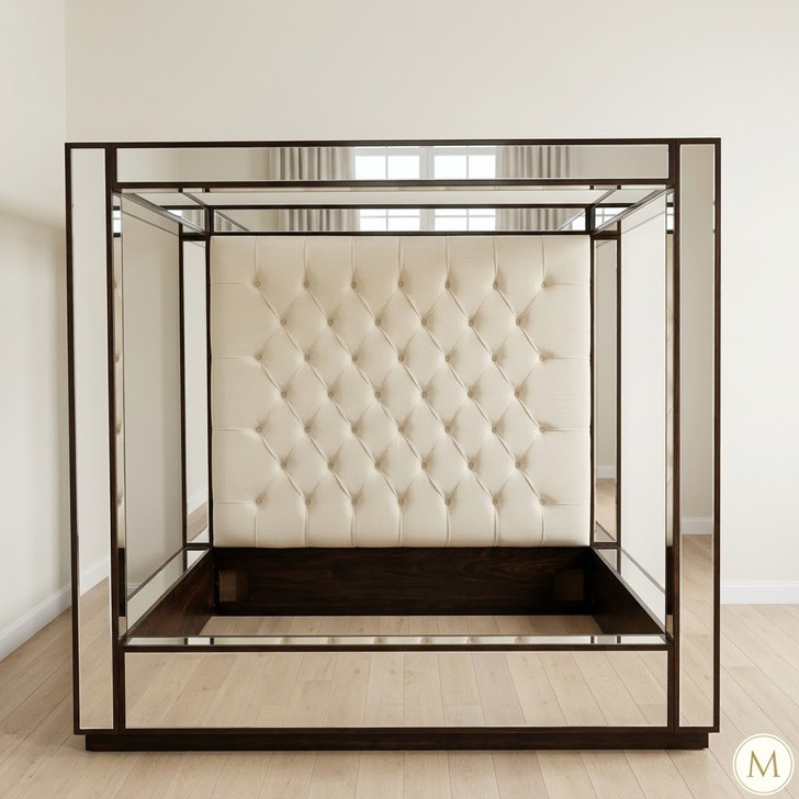 Mirrored Four Poster Canopy Bed w/ Cream Button Tufted Headboard