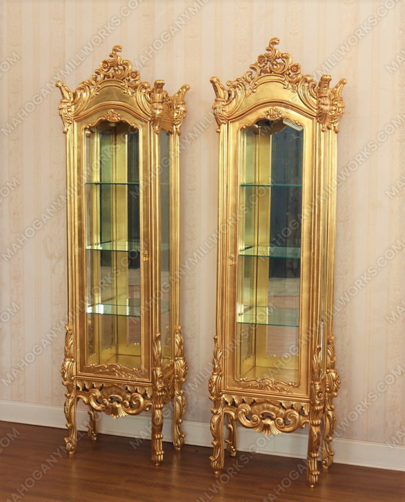 Custom Rococo Gold Leaf Curio Display Vitrine Cabinets (Pair of 2)