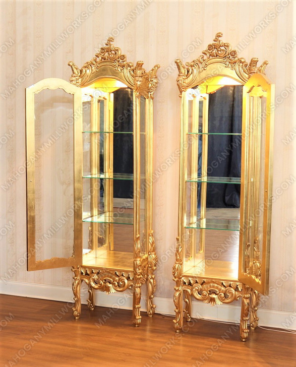 Rococo Gold Leaf Vitrine Curio Cabinet Pair (2)