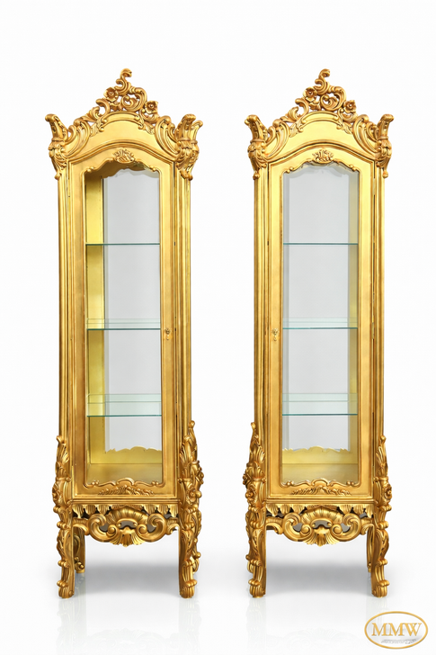 Rococo Gold Leaf Vitrine Curio Cabinet Pair (2)
