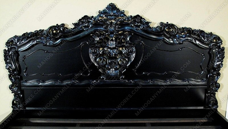 Glossy Black French Rococo Carved Panel Bed