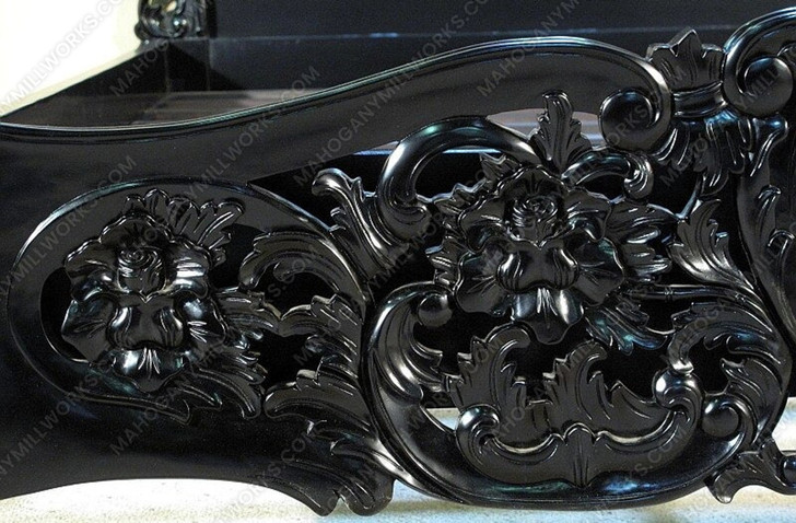 Glossy Black French Rococo Carved Panel Bed