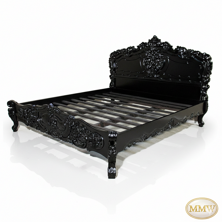 Glossy Black French Rococo Carved Panel Bed
