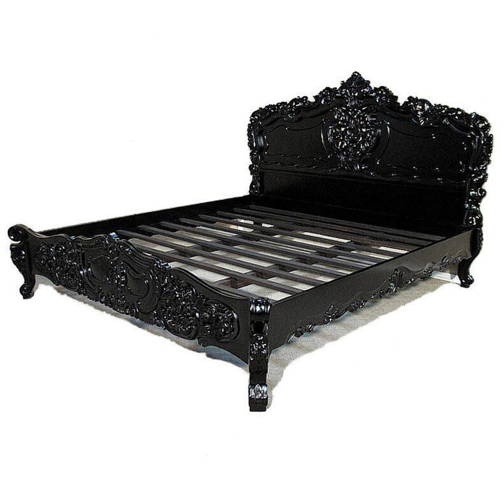 Glossy Black French Rococo Carved Panel Bed