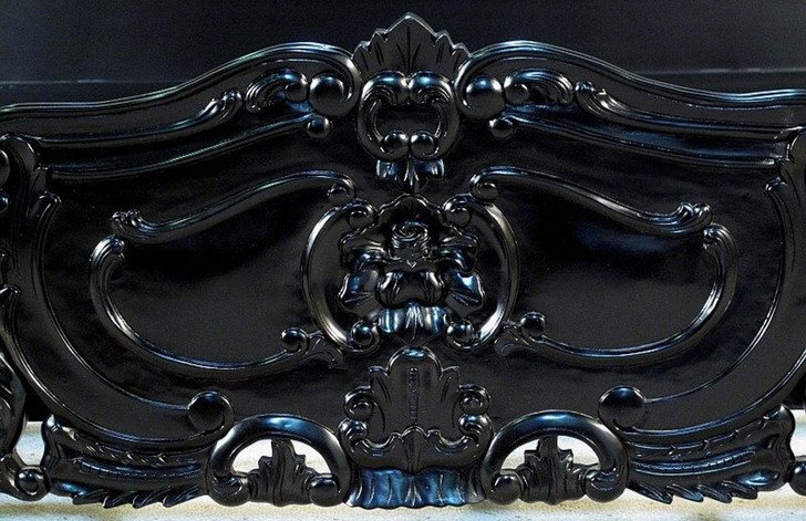 Glossy Black French Rococo Carved Panel Bed