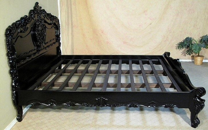 Glossy Black French Rococo Carved Panel Bed