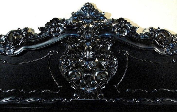 Glossy Black French Rococo Carved Panel Bed