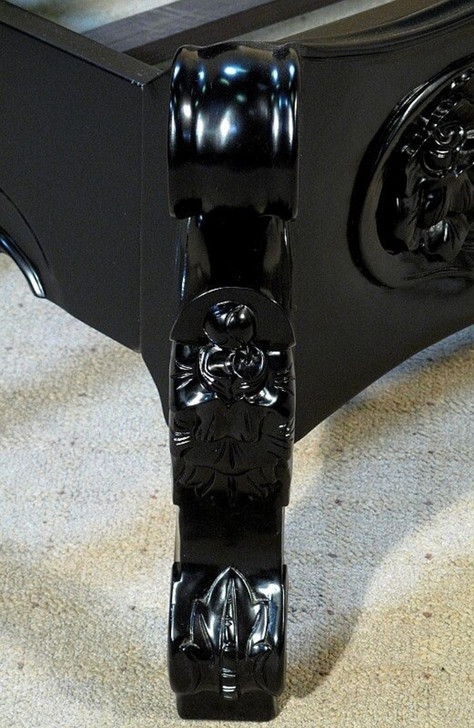 Glossy Black French Rococo Carved Panel Bed