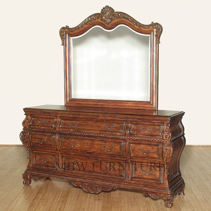 Mahogany French Rococo 9 Drawer Dresser w/ Mirror