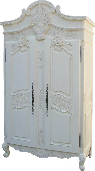 White Painted 2-Door French Armoire w/ 4 mirrored panels & Interior Shelves