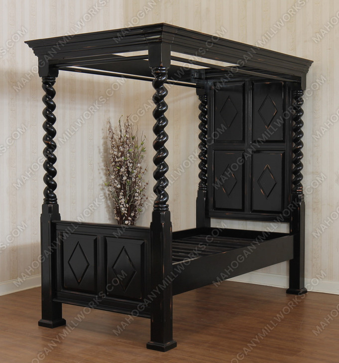 Custom Mahogany Black Distressed XL Twin Canopy Four Post Bed