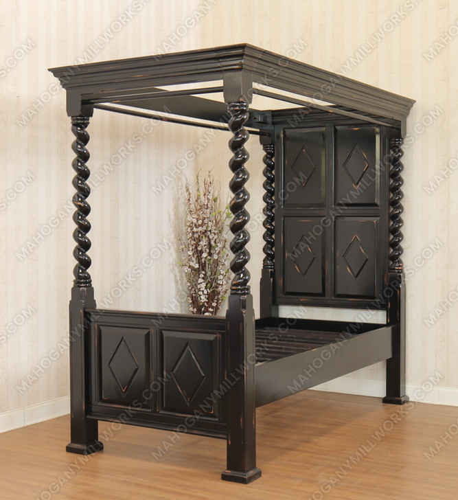 Custom Mahogany Black Distressed XL Twin Canopy Four Post Bed